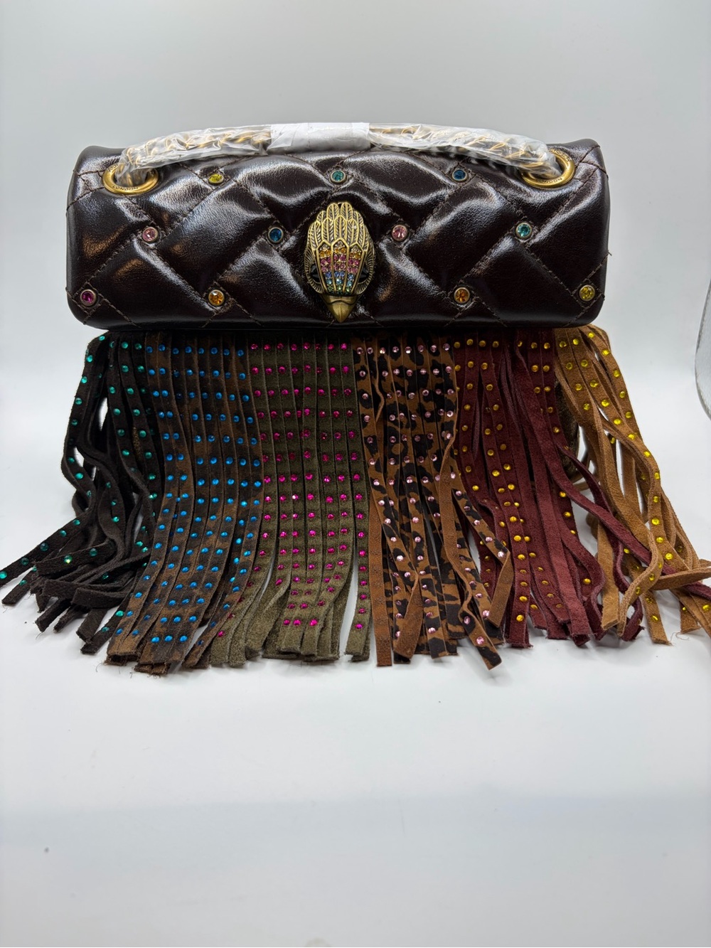 Kurt Geiger Quilted Brown Clutch with Multicolor Studded Fringe